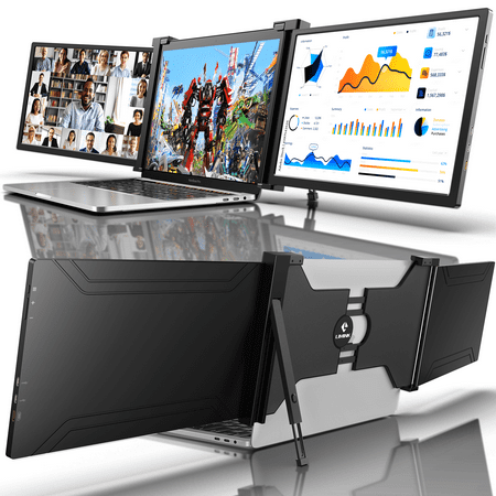LIMINK Laptop Screen Extender Monitor 15.4 Inch FHD Tri-Screen Extender with Kickstand, Folding Double Screen Compatible with Mac&Wins, Black