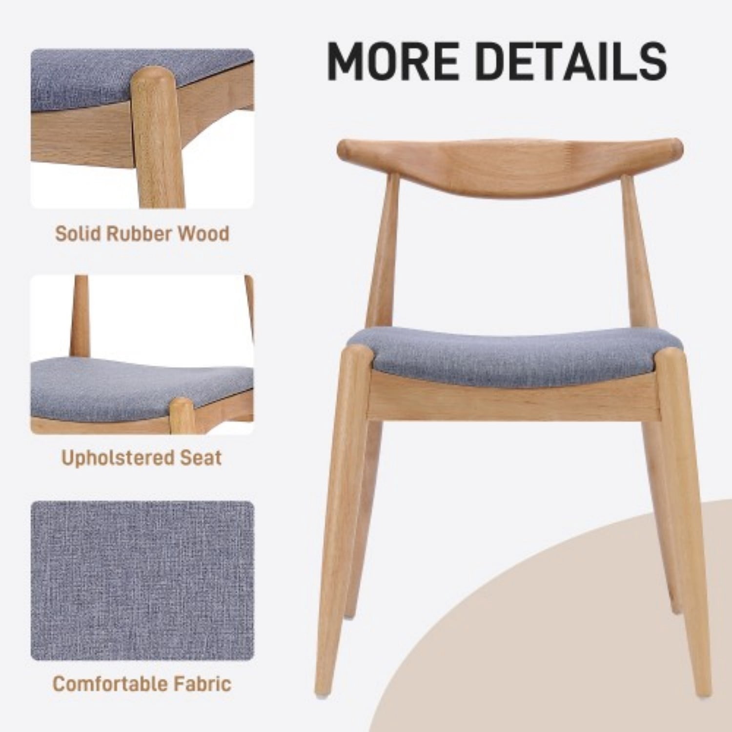 Set of 2 Rubberwood Dining Chairs with Ergonomic Backrest, Upholstered Cushion Seats & Solid Wood Frame, Mid-Century Dining Room Chairs, Natural, Grey