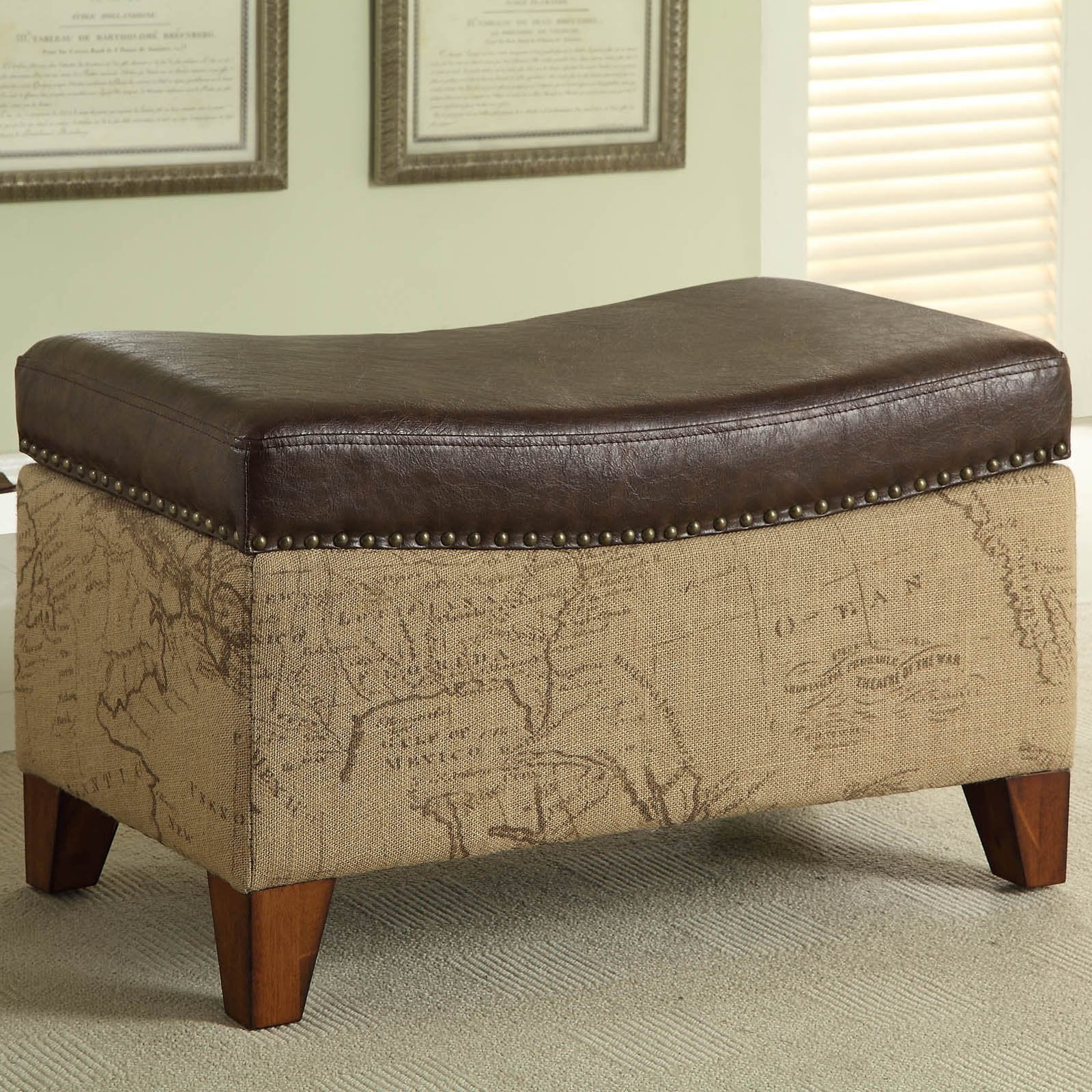 Storage Ottoman, Map Jute Fabric/Vintage Brown Bonded Trim