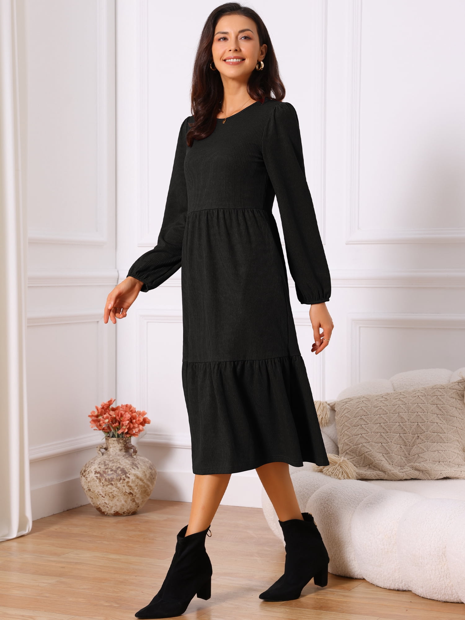 DARING DIVA Tiered Long Sleeve Round Neck Knit A-Line Midi Dress L Black