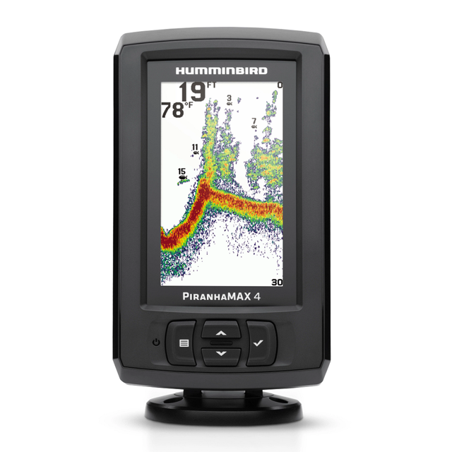 Humminbird Fish Finder 410150-1 PiranhaMax 4; Use To Find Fish And Identify Contours; 4.3 Inch LCD Display; 272 x 480 Pixels Resolution; Keypad Control; 300 Watt Output; Waterproof; Dual Beam Sonar