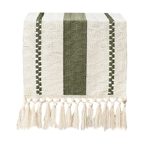 Boho Farmhouse Cotton Woven Table Runner with Tassels 30x180cm Striped Color Block Table Decor for Dining Room, Wedding, Holiday Table Setting 11*70in,Army Green