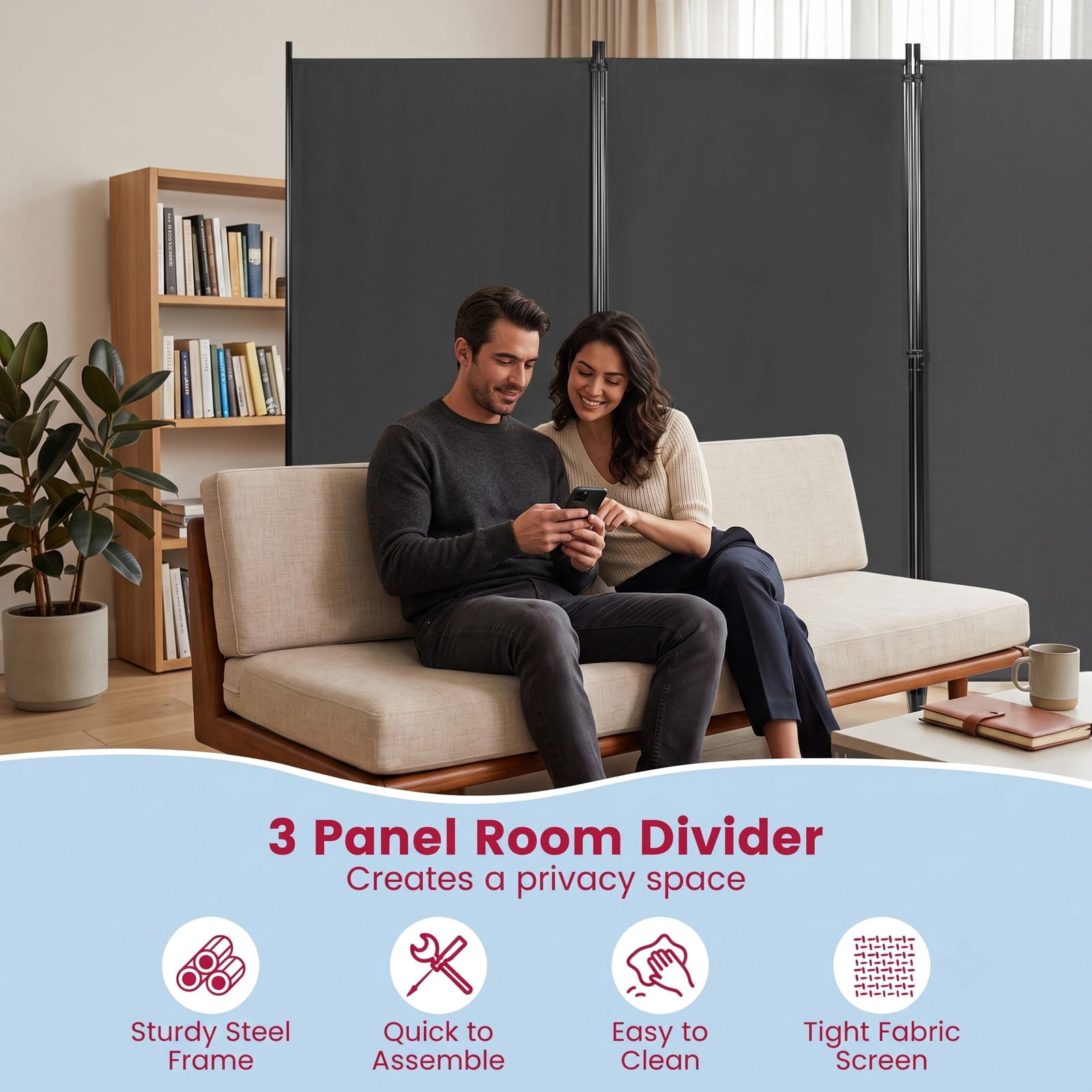 ALPULON 6 FT 3-Panel Room Divider, Freestanding Folding Privacy Partition Screen with Durable Hinges and Steel Base for Office, Bedroom, Home Decor, Gray
