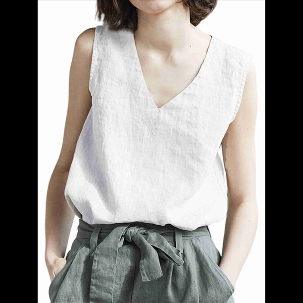 Camisetas de Tirantes de Verano con Cuello en V para Mujer, Informales, de Algodón y , Sin Mangas, Cómodas y Transpirables. L