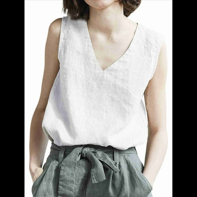 Camisetas de Tirantes de Verano con Cuello en V para Mujer, Informales, de Algodón y , Sin Mangas, Cómodas y Transpirables. L