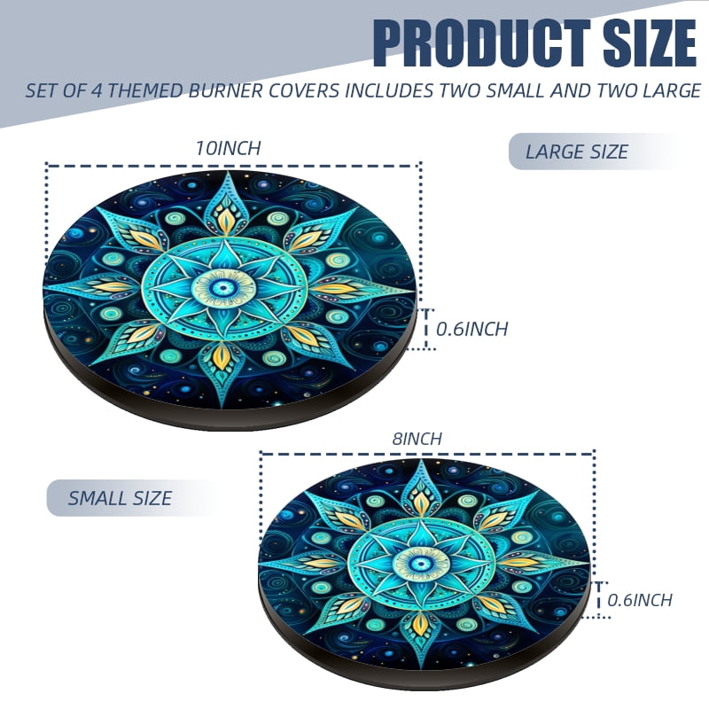 Round Gas Stove Burner Covers Set of 4, Teal Mandala-like Star with Swirls and Spirals Electric Stove Burner Covers Range Top for Expanding Counter Space for Kitchen, 8 Inches and 10 Inches
