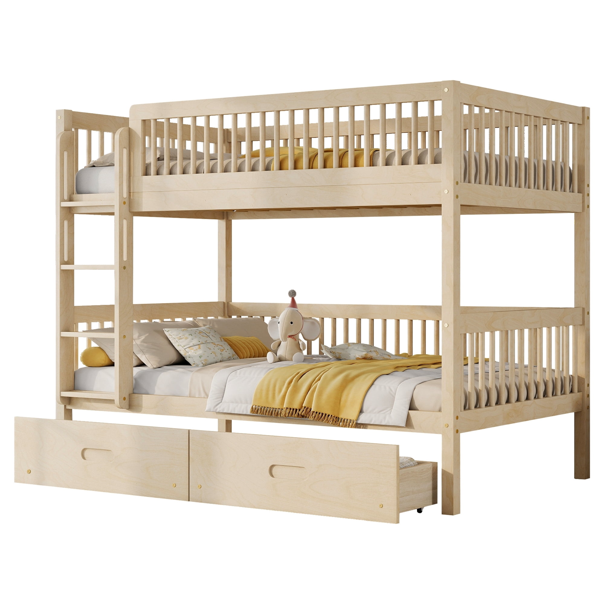 HOQBN Twin Over Twin Pine Wood Bunk Bed with 2 Drawers, Convertible into 2 Twin Beds, Twin Over Twin Bunk Bed Frame with Ladder and Safety Guardrails,Natural