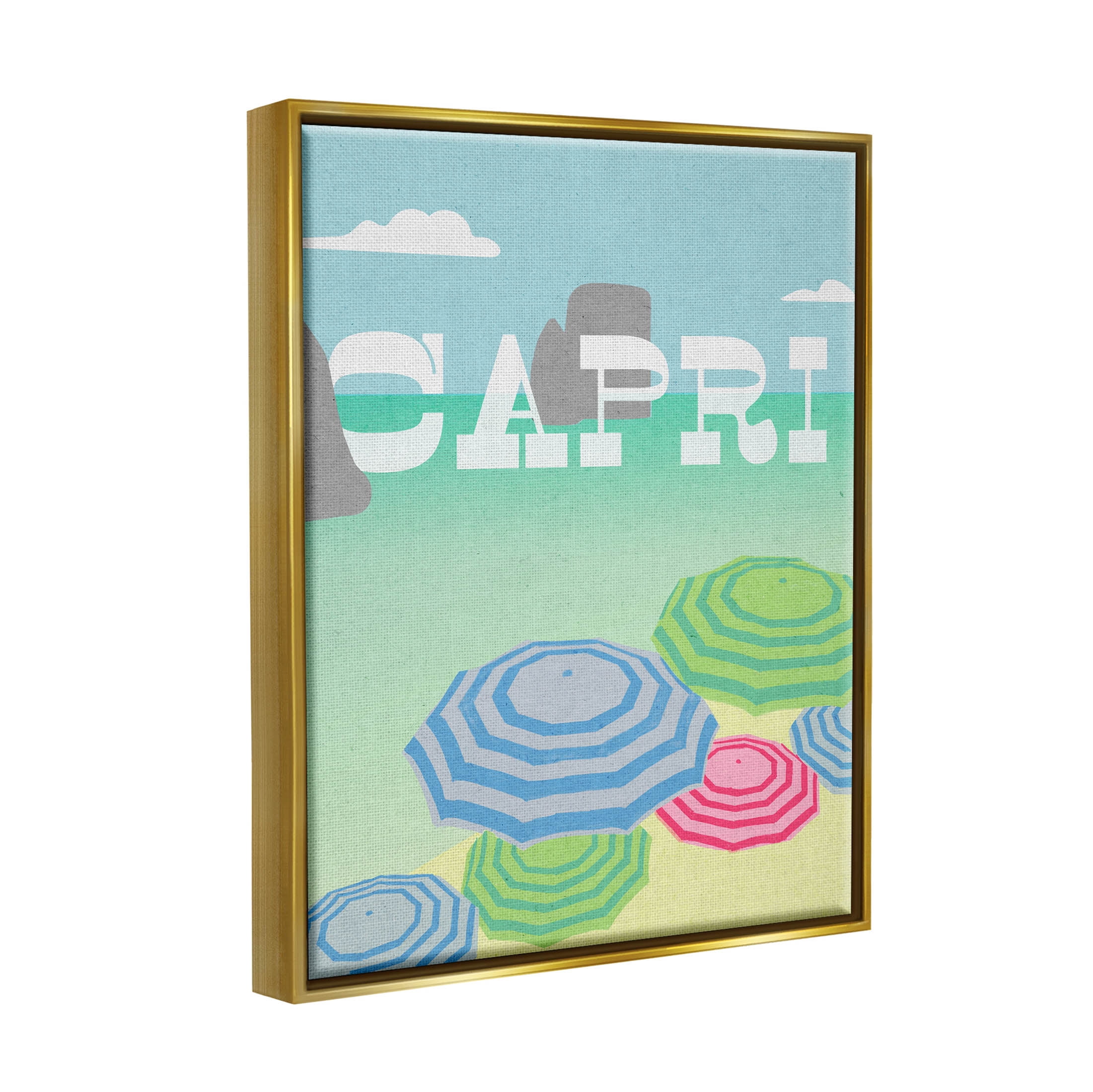 Stupell Industries Capri Beach Shore Umbrellas Graphic Art Metallic Gold Floating Framed Canvas Print Wall Art, Design by Lil' Rue