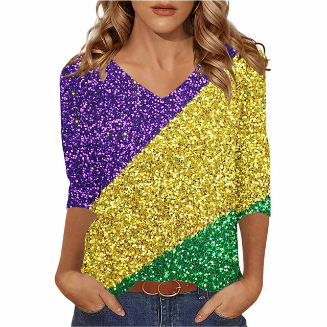 Mujeres Tres Cuartos de Manga Tops Navidad Impreso Suelto Casual V Cuello Camiseta Suéter Top para la Fiesta Casual