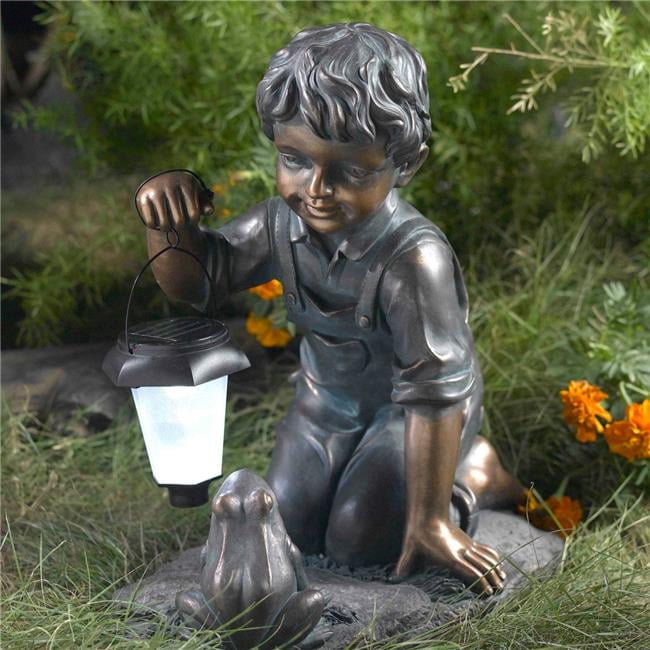 Luxen Home Boy and Frog Bronze Polyresin Garden Statue with Solar Light