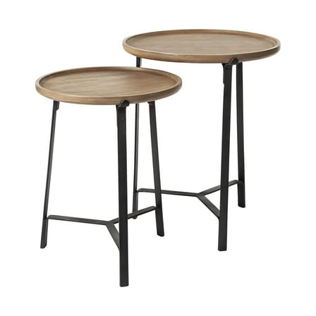 HomeRoots 380667 Round Solid Wood Iron Base Nesting Side Tables, Brown - Set of 2