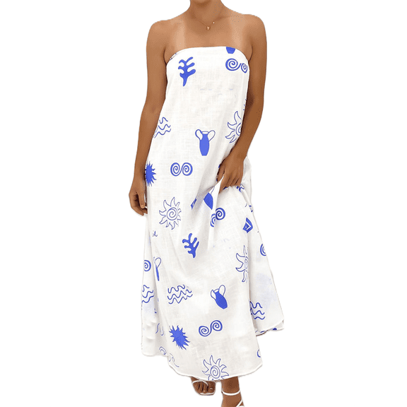 Michellecmm Women's Strapless Long Dress Fashion Sun Print Sleeveless Tube Dress