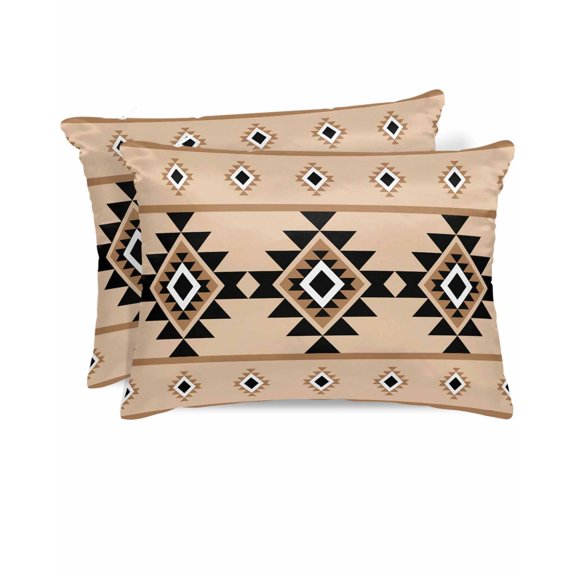 Hokiten Pillow Cases Standard Size Set of 2, Lumbar Pillow Covers, Brown Black Boho Satin Pillowcases with Zipper for Hair/Skin, Country Aztec Southwest Geometric 20x26 Inches