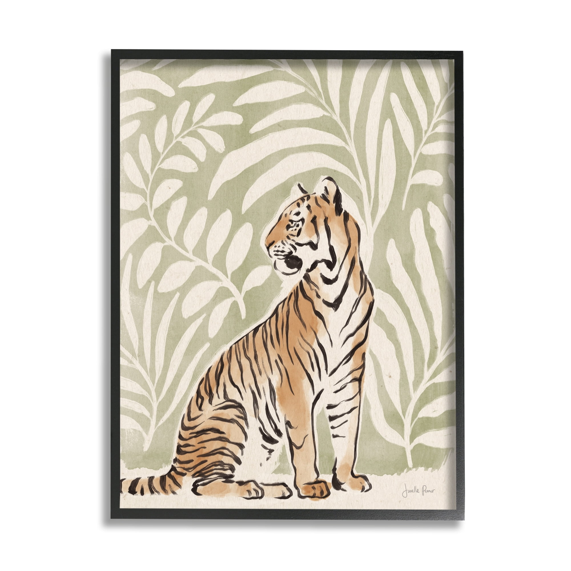 Stupell Industries Gallant Tiger Sitting Botanical Pattern Background Ink Watercolor , 16 x 20, Design by Janelle Penner