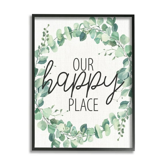 Stupell Industries Our Happy Place Greeting Green Eucalyptus Plant Wreath Graphic Art Black Framed Art Print Wall Art, 16x20, by Kim Allen