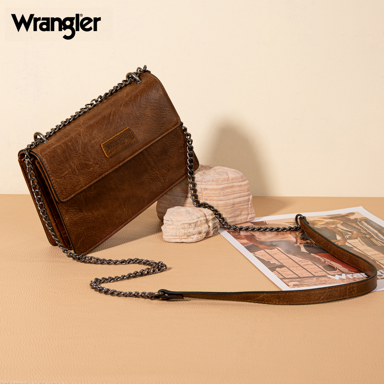 Wrangler Crossbody Purse for Women Shoulder Bag Vintage Wallets with Chain Strap, Brown