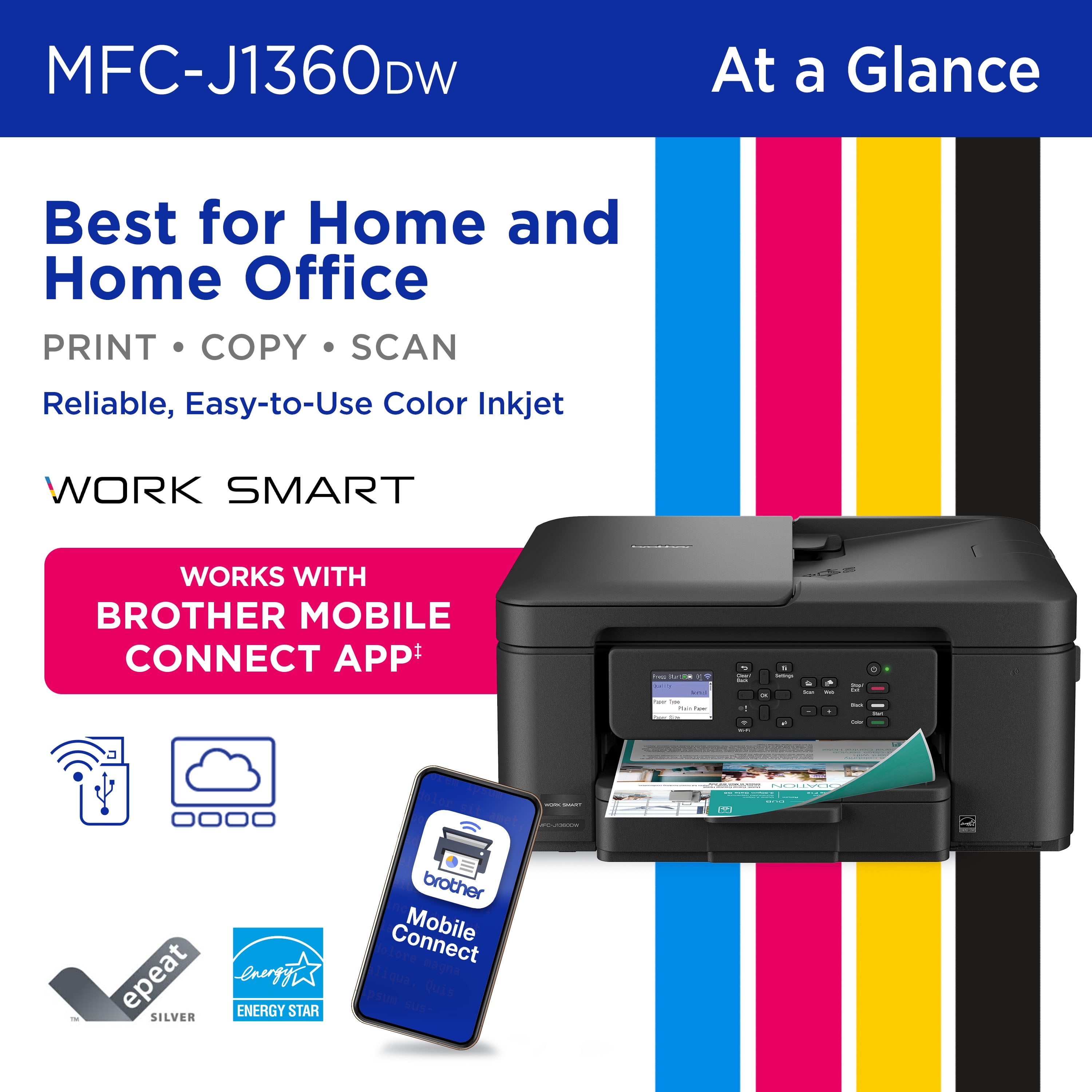 Brother MFC-J1360DW Work Smart Wireless All-in-One Color Printer – Prints on Both Sides, Copies and Scans Multiple Pages, Easy-to-Use Color Display