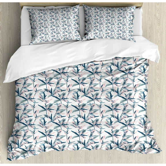 Floral Duvet Cover Set, Tropical Graphic Design of Palm Leaves, Decorative 3 Piece Bedding Set with 2 Pillow Shams, Calking Size, White Rose Blue Grey, by Ambesonne