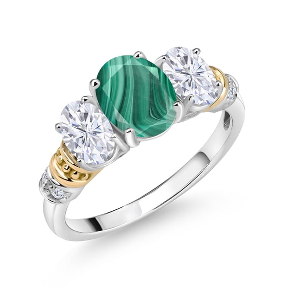Gem Stone King 925 Sterling Silver and 10K Yellow Gold Oval Green Malachite White Moissanite and White Diamond 3 Stone Ring for Women (3.03 Cttw, Gemstone Birthstone, Size 6)