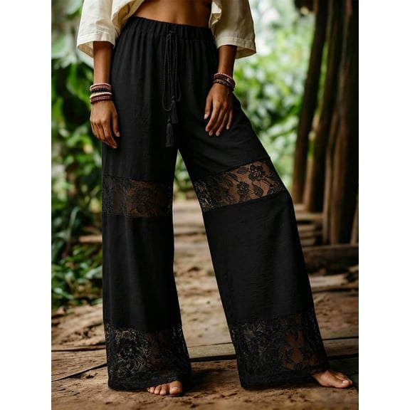 Women Drawstring Elastic Waist Wide Leg Pants, Lace Patchwork Flowy Trousers for Summer Beach Vacation