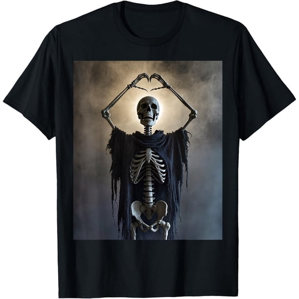 Póster de terror retro con forma de corazón con diseño de manos de esqueleto