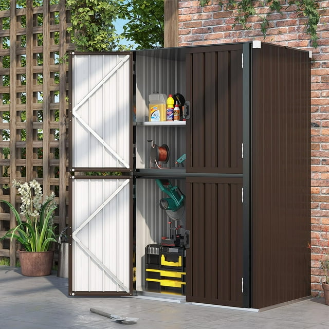 YODOLLA Storage Shed, Outdoor Lockable Cabinet with Floor, Quick Assembly Resin Patio Storage for Tool Garden, Brown