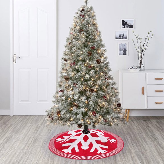24 Inch Knitted Snowflake Christmas Tree Skirt Buffalo Plaid Christmas Tree Mat for Holiday Christmas Party Decoration