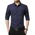 thumbnail image 3 of Camisa informal para hombre, camisa de color sólido, camisa para hombre, de manga larga, de alta calidad, estilo militar, de algodón, camisas de negocios ajustadas para hombre, 3 of 5
