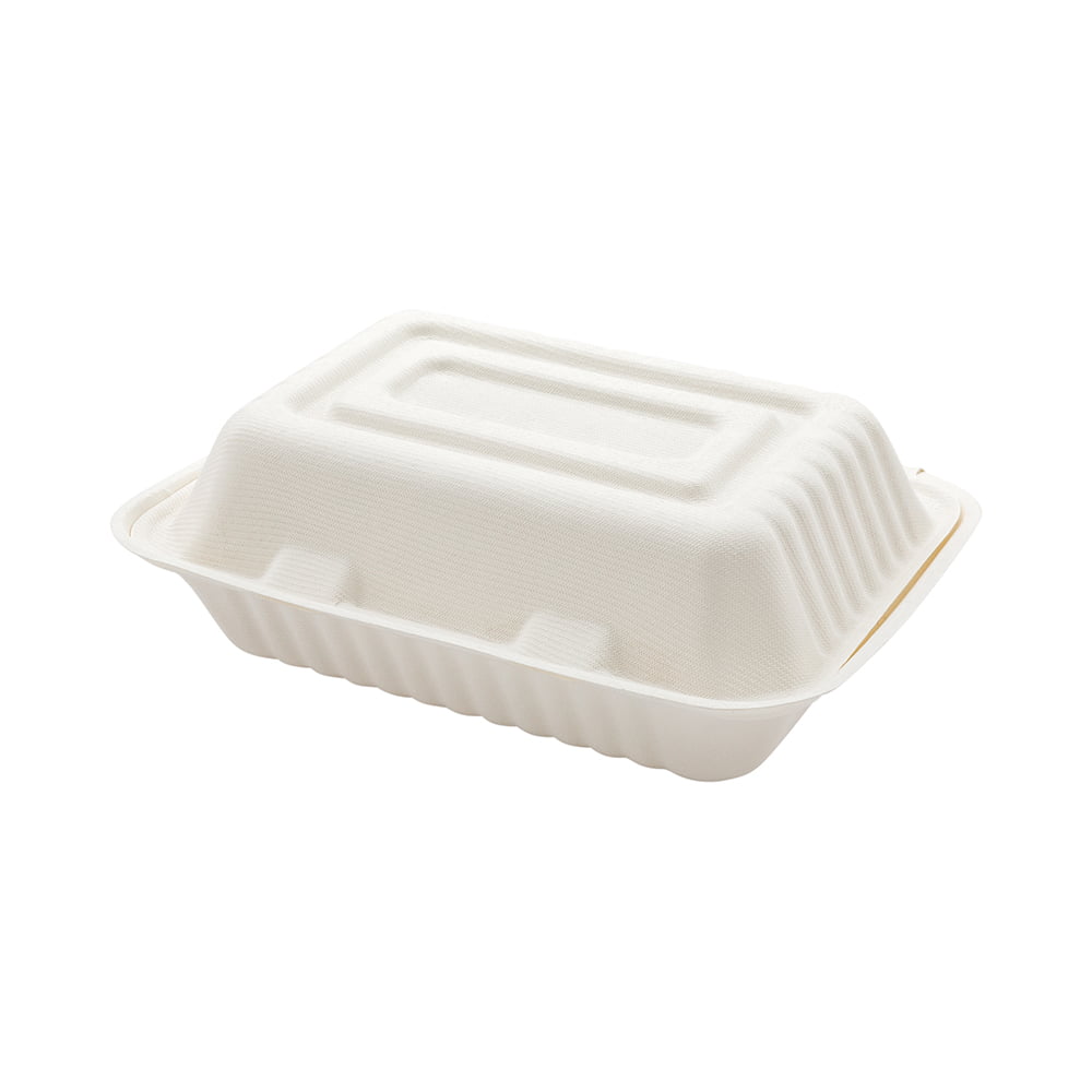 9" White Bagasse Sugarcane Meal Lunch Box Fully Biodegradable & Compostable 