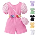 thumbnail image 4 of Zwiiyzr Toddler Girls Summer Jumpsuits Crewneck Ribbed Romper Puff Short Sleeve High Waist Shorts Jumpsuit with Bag 18M-6Y Green, 4 of 4