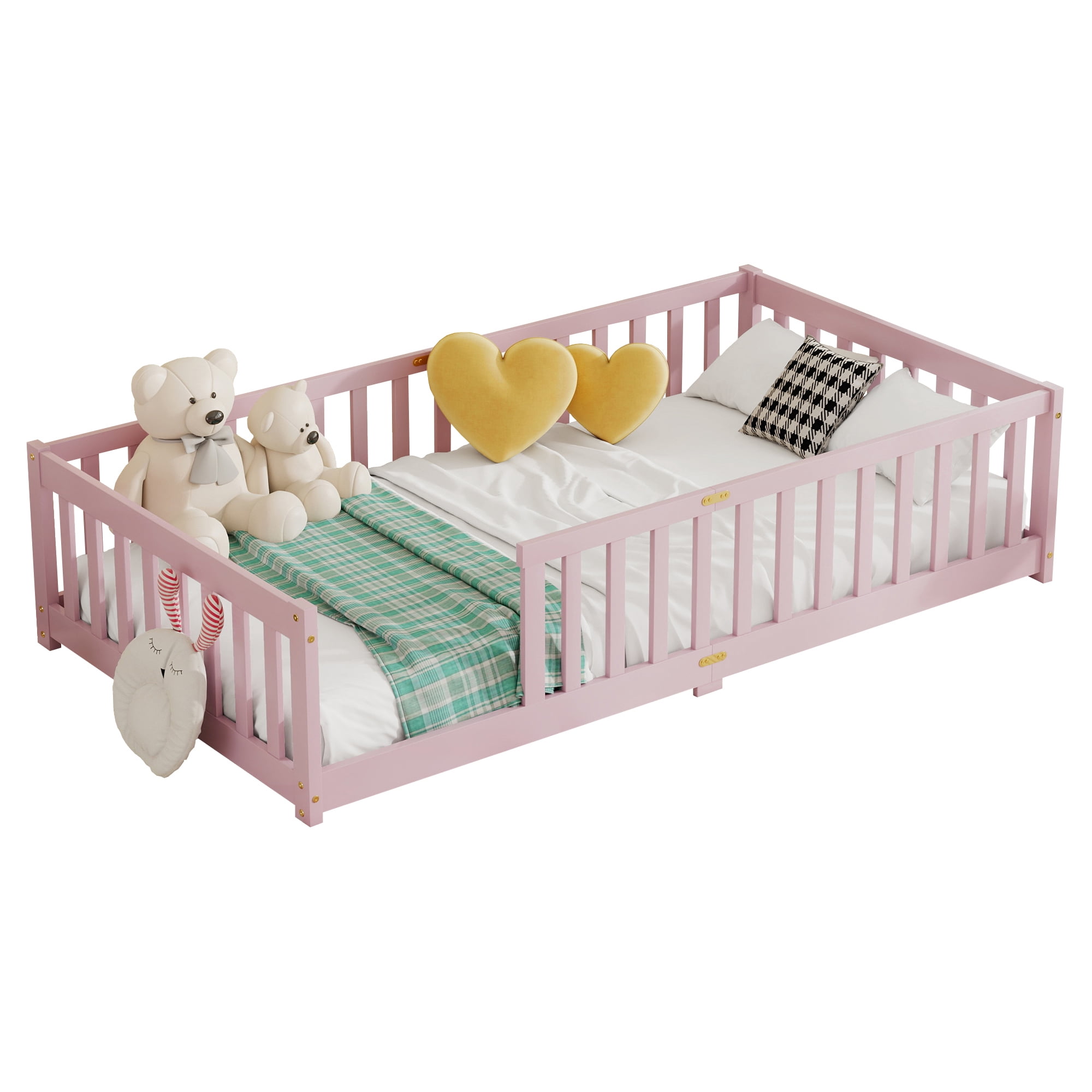 Alvantor Twin Size Floor Bed, Solid Wood Toddler Bed with Slat and Fence Guardrail, Montessori Floor Bed for Kids, Boys, Girls,Pink