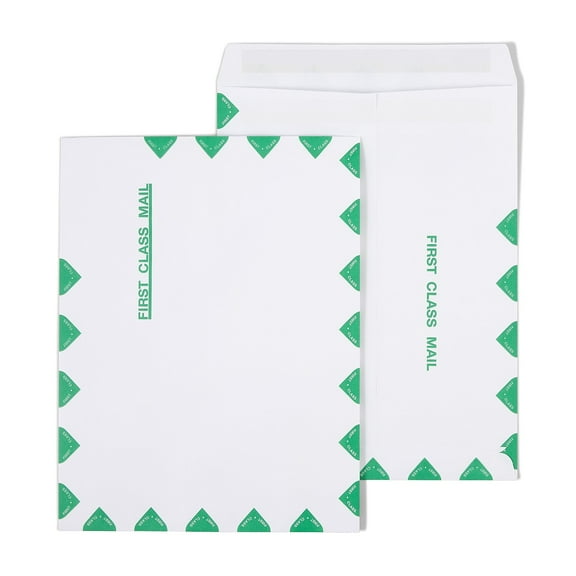 HITOUCH BUSINESS SERVICES First Class Self Seal Catalog Envelopes 10x13 White w/Grn Dmd Border