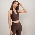 thumbnail image 3 of Women's Ribbed Halter Crop Tank Top with Deep V Neckline Seam Detailing - Brown, Small, 3 of 6