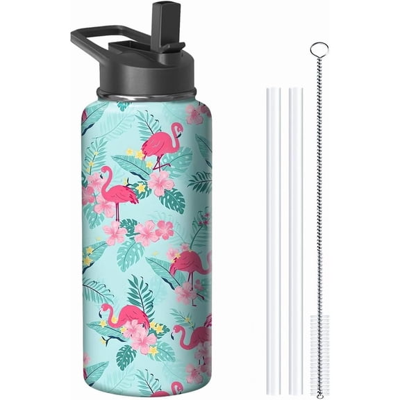 18oz Flamingo Water Bottle with Handle and Flip Straw, Animal Sports Stainless Steel Insulated Cup Travel Coffee Mug Tumbler, Birthday Mothers Day Chritmas Gifts for Women