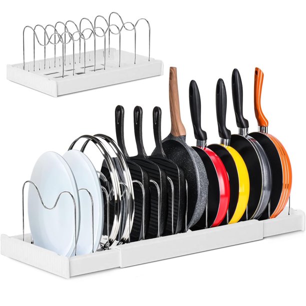 Organizador de Sartenes y Ollas Expandible, Organizador de Platos Acero Inoxidable con Compartimentos Ajustables, Porta Sartenes de Cocina, Separador de Tapas, para Armario de Despensa, Blanco