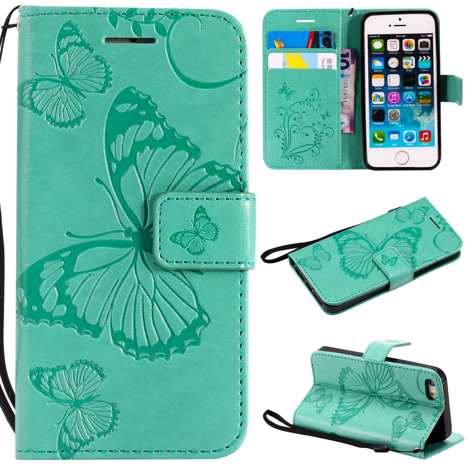 iPhone 5S Case,iPhone 5 Case,iPhone SE(2016） Wallet case, Allytech Pretty Retro Embossed Butterfly Flower Design Pu Leather Style Wallet Flip Case Cover for Apple iPhone 5/ /SE(2016）, Green - Walmart.com