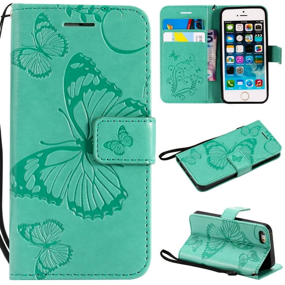 iPhone 5S Case,iPhone 5 Case,iPhone SE(2016） Wallet case, Allytech Pretty Retro Embossed Butterfly Flower Design Pu Leather Book Style Wallet Flip Case Cover for Apple iPhone 5/ 5S /SE(2016）, Green