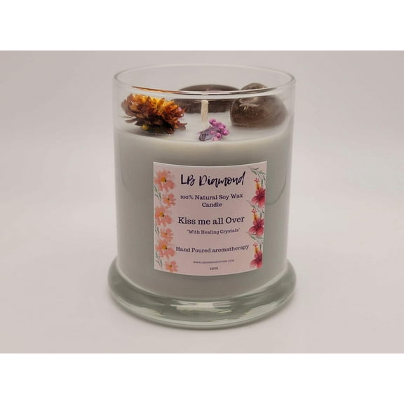 Kiss me all Over Natural Soy Wax Candle Highly Scented with Smokey Quartz Crystals
