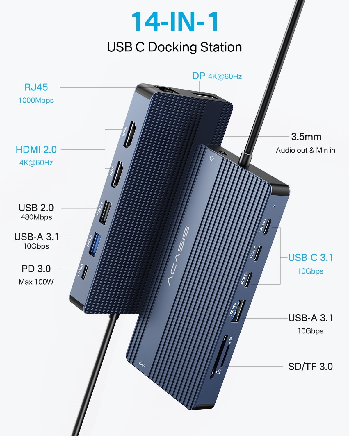 ACASIS 14-in-1 USB C Docking Station: Dual Monitor 4K@60Hz (2 HDMI + DP), 3 USB-C 10Gbps, 100W PD Charging, Gigabit Ethernet, SD/TF 3.0 for Laptops