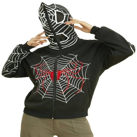 Women Vintage Zip Up Hoodies Spider Web Graphic Oversized Sweatshirts Aesthetic Pullover Jackets Gothic Streetwear