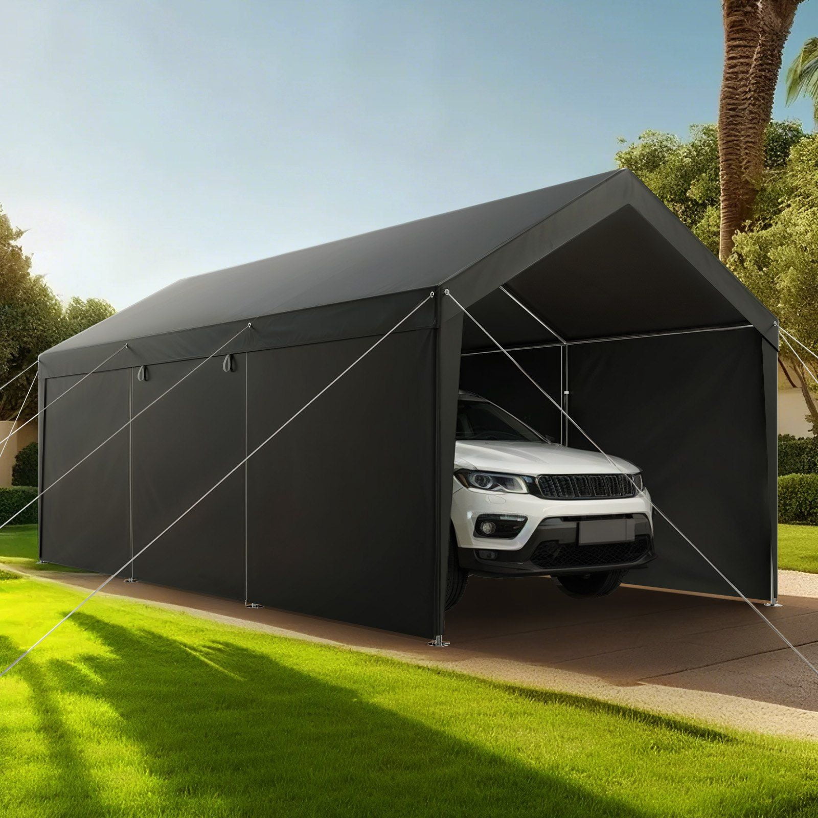 12x20FT Heavy Duty Carport Canopy - Grey Outdoor Car Shelter with Sidewalls, Galvanized Steel Frame & Waterproof Cover - Vehicle Protection for Cars, Trucks, SUVs & RV Storage
