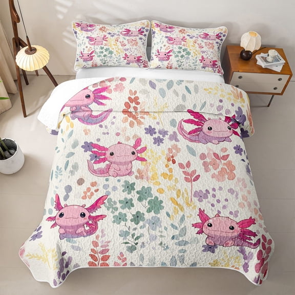 Erosebridal Cartoon Kawaii Axolotl Twin Quilt Set for Girls, Watercolor Floral Leaf Twin Coverlet Set, 2pcs