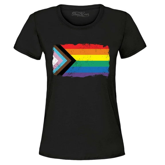 Shop4Ever Women's Progress Pride Flag Inclusive Rainbow Gay LGBTQ Graphic T-Shirt Medium Black