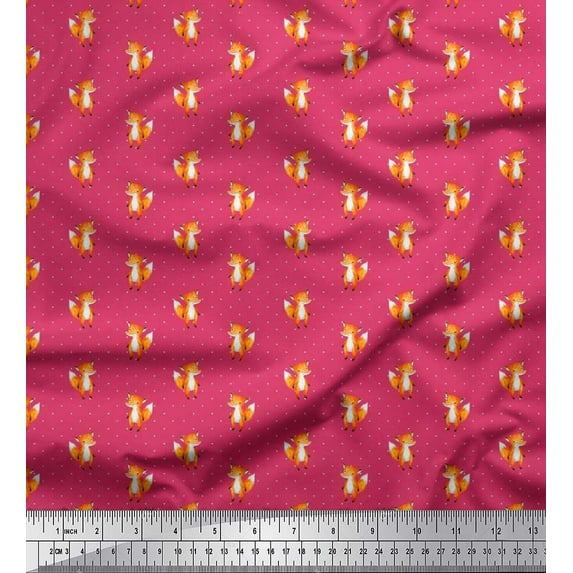 Soimoi Cotton Jersey Fabric Dot & Fox Cartoon Printed Fabric 1 Yard 58 Inch Wide