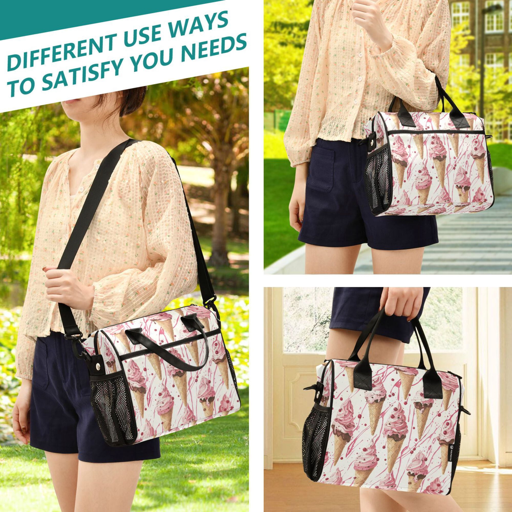 FORMRS Insulated Lunch Bag for Work School Unisex Large Capacity Cooler with Shoulder Strap, Pink Ice Cream Pattern