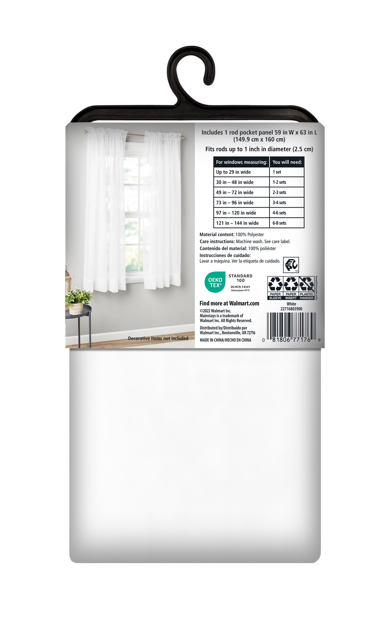 (2 pack) Mainstays Marjorie Sheer Voile Curtain, Single Panel, White, 59" W x 63" L