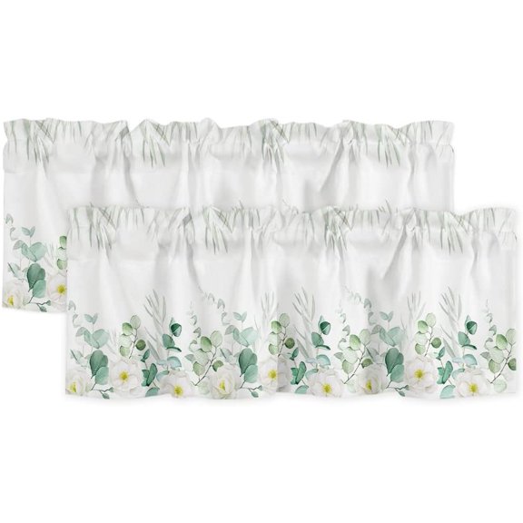 Eucalyptus Leaves Curtain Valance, Summer Watercolor Green Leaf Flower Short Rod Pocket Window Treatment for Living Room, Bedroom, Kitchen, Bathroom, 54" W x 18" L, 2 Panel
