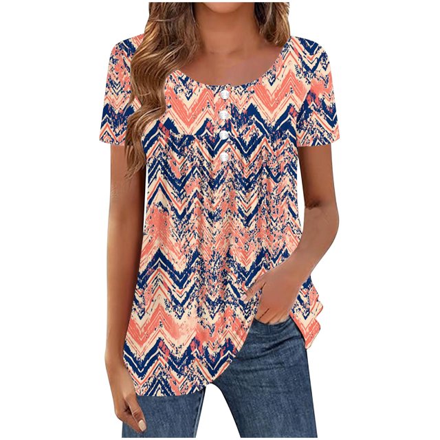 Staron Liquidation Blouses d'Été pour Femmes Habillées Décontractées Tendance Blouses Florales Unies Basiques à Boutons Col Rond Chemises Amples Manches Courtes Tuniques d'Été