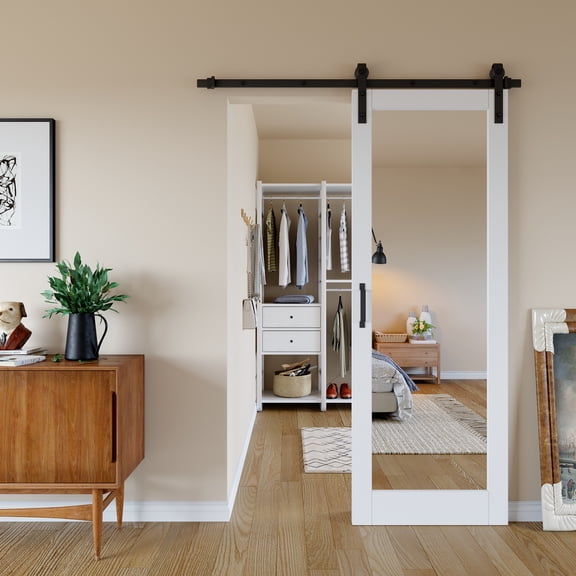 32''x84'' Double-sided Mirrored Sliding Barn Door Solid Wood Slab Doors With Installation Hardware Kit(Include Soft Close)