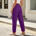 thumbnail image 4 of TtopsQueen Women Elastic Drawstring Straight Leg Pants, High Waist Lightweight Textured Trousers with Side Pockets, Loose Fit Vacation Casual Daily Wear Purple,M, 4 of 5